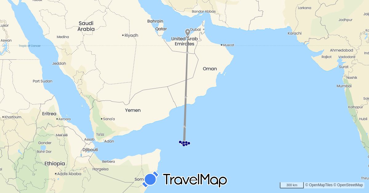 TravelMap itinerary: driving, plane in United Arab Emirates, Yemen (Asia)