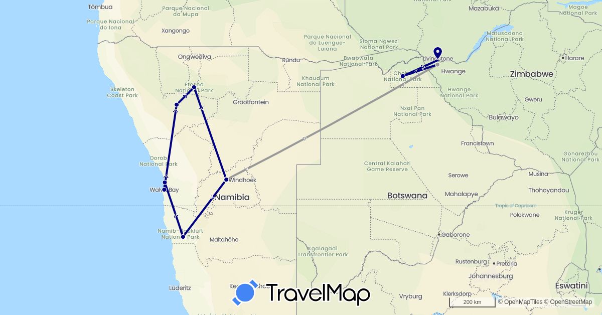 TravelMap itinerary: driving, plane in Botswana, Namibia, Zambia, Zimbabwe (Africa)